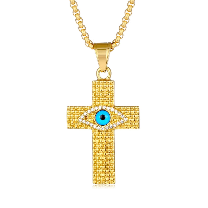 European And American Cross-Border Popular Hip Hop Hiphop Jewelry Titanium Steel Gold-Plated Diamond-Embedded Evil Eye Cross Pendant Necklace