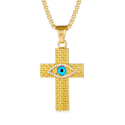 European And American Cross-Border Popular Hip Hop Hiphop Jewelry Titanium Steel Gold-Plated Diamond-Embedded Evil Eye Cross Pendant Necklace