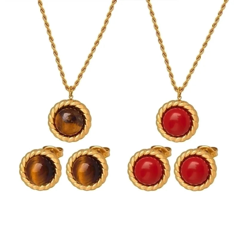 Retro French Style Solid Color Titanium Steel Natural Stone Turquoise 18K Gold Plated Plating Inlay Earrings Necklace Jewelry Set