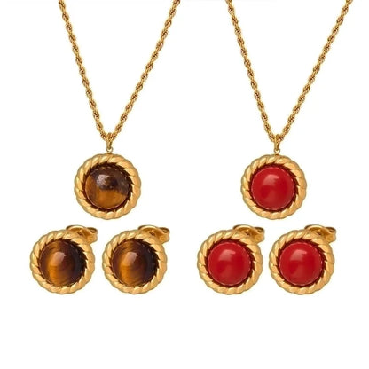 Retro French Style Solid Color Titanium Steel Natural Stone Turquoise 18K Gold Plated Plating Inlay Earrings Necklace Jewelry Set