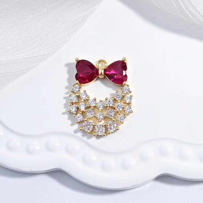 1 Piece 19*22mm Copper Zircon 18K Gold Plated Christmas Tree Bow Knot Pendant Jewelry Accessories