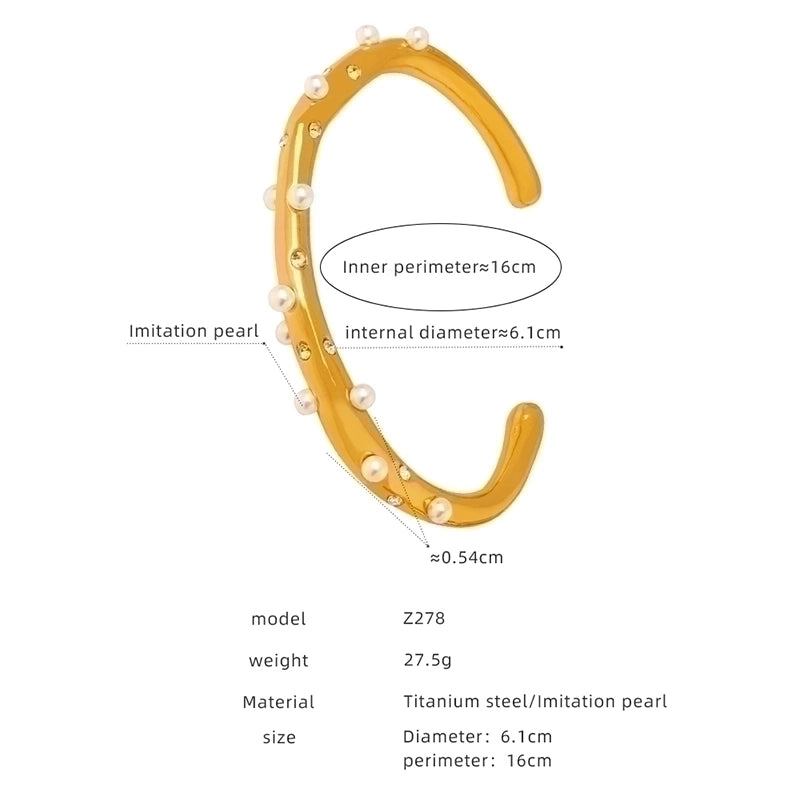 Luxurious Baroque Style Shiny Solid Color Titanium Steel 18K Gold Plated Artificial Pearls Zircon Bangle In Bulk