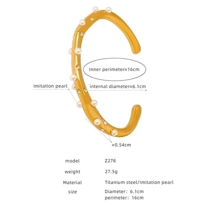 Luxurious Baroque Style Shiny Solid Color Titanium Steel 18K Gold Plated Artificial Pearls Zircon Bangle In Bulk