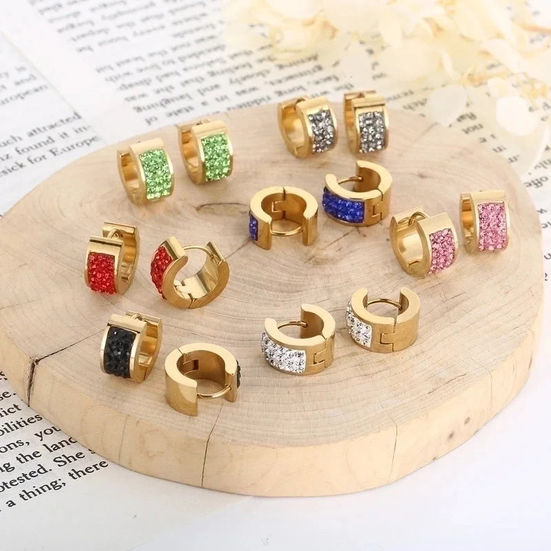 1 Pair Shiny Round Solid Color Inlay Stainless Steel Rhinestones 18K Gold Plated Earrings