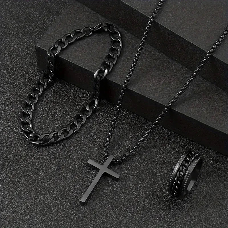 Tem Hot Hip Hop Cuban Chain Cross Necklace Bracelet Ring 3 Piece Set Suit In Stock