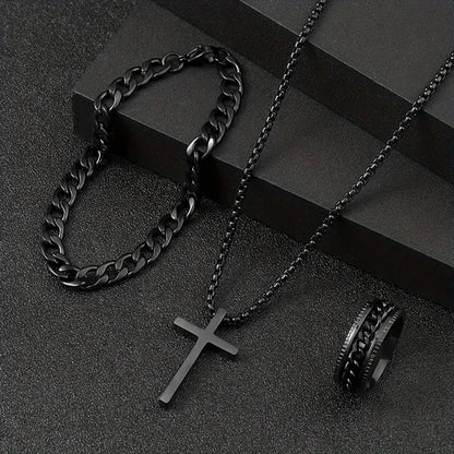 Tem Hot Hip Hop Cuban Chain Cross Necklace Bracelet Ring 3 Piece Set Suit In Stock