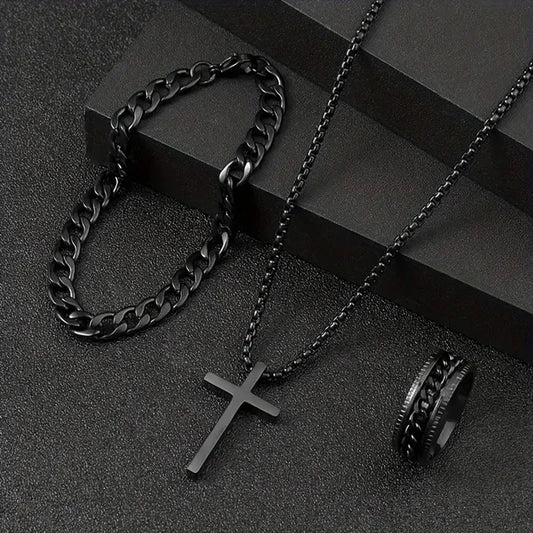 Tem Hot Hip Hop Cuban Chain Cross Necklace Bracelet Ring 3 Piece Set Suit In Stock
