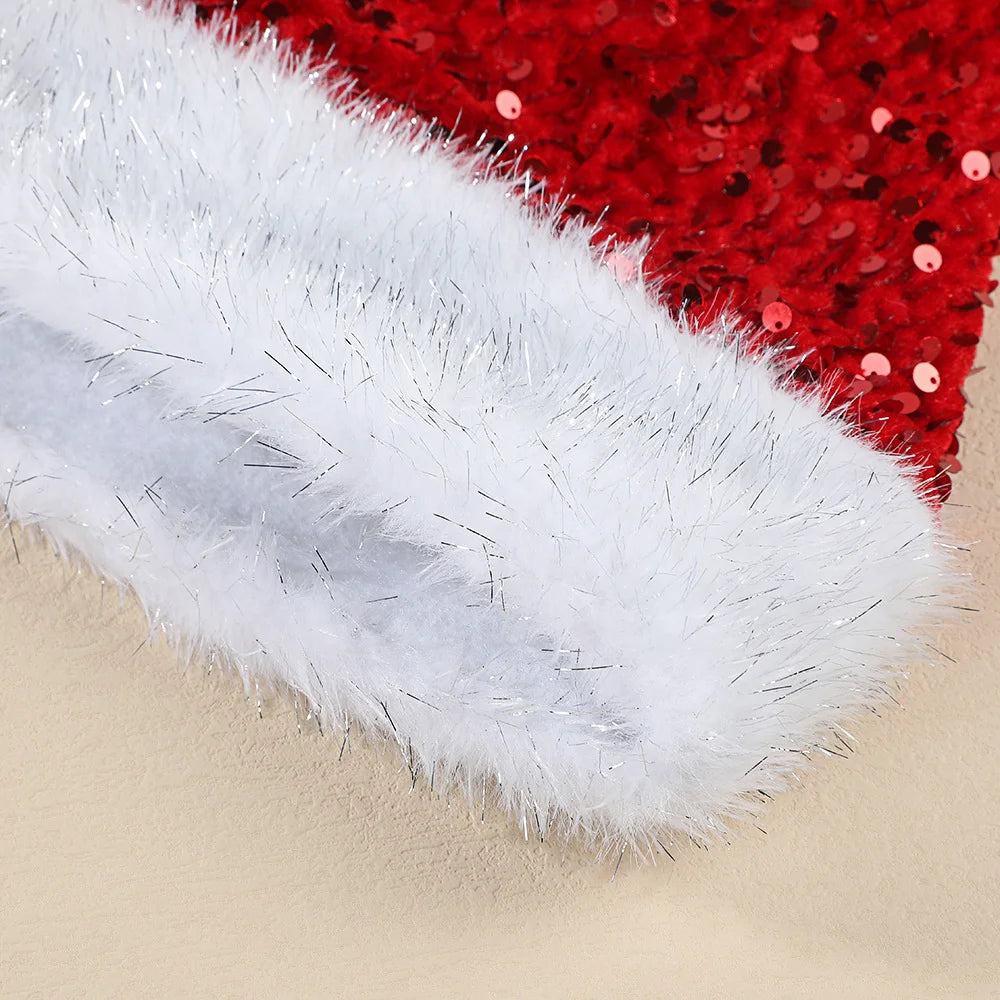 2 Pieces Christmas Plush Shiny Sequin Reversible Hat Thickened Holiday Party Decoration Hat