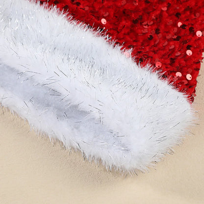 2 Pieces Christmas Plush Shiny Sequin Reversible Hat Thickened Holiday Party Decoration Hat