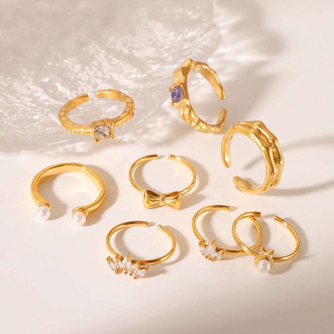 Open Ring IG Style Textured Pearl Bowknot Geometric Stainless Steel Zircon Inlay Rings