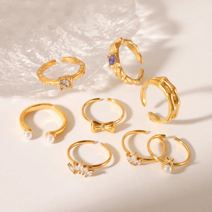 Open Ring IG Style Textured Pearl Bowknot Geometric Stainless Steel Zircon Inlay Rings