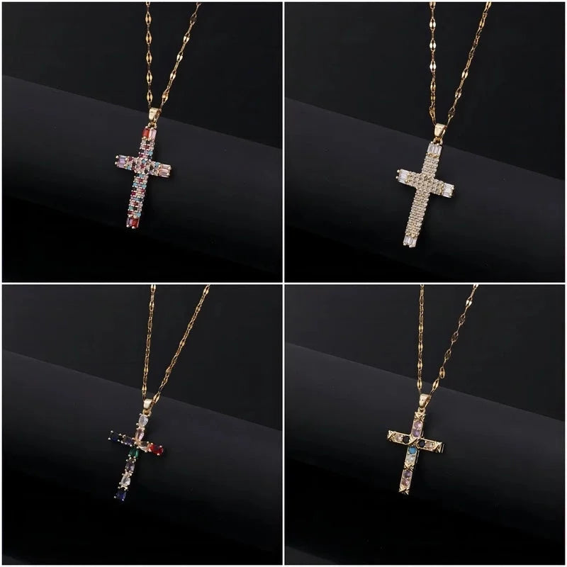 Copper Inlay Cross Zircon Pendant Necklace