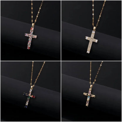 Copper Inlay Cross Zircon Pendant Necklace