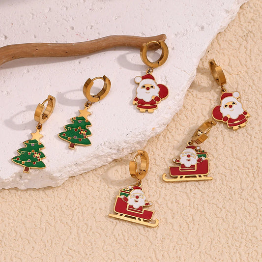 Cute Cartoon Niche Santa Claus Oil Drop Earrings Stainless Steel 18k Gold Plated Sleigh Christmas Tree Ear Jewelry