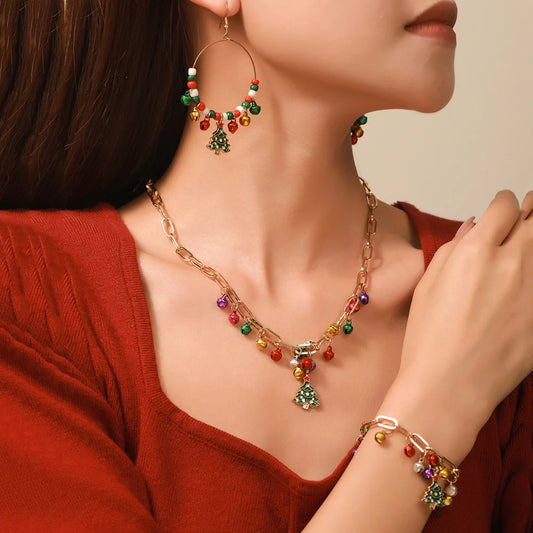 Hot Sale Christmas Jewelry Set Colorful Bell Earrings Christmas Necklace Bracelet Loop Chain Necklace