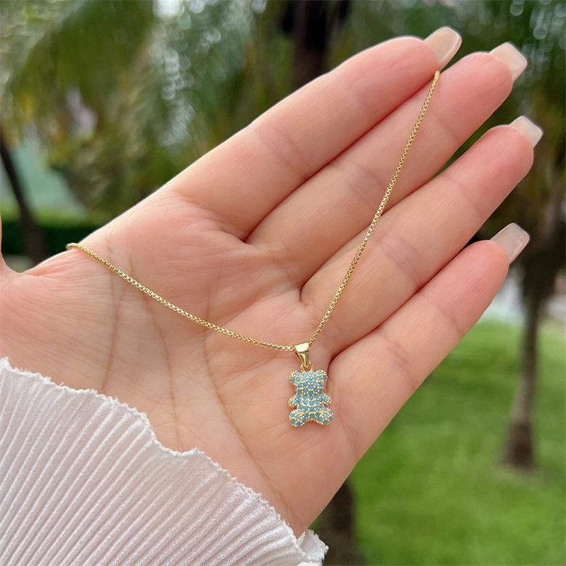 A Copper Plating 18K Gold Full Diamond Zircon Cute Childlike Style Multi Colors Bear Chain Necklace Suitable For Daily Wear Of All Ages Suitable For Gifts Original New Arrivals