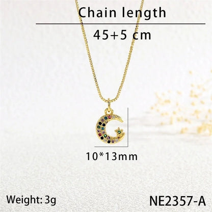 Copper Box Chain Inlay Star Moon Zircon Pendant Necklace