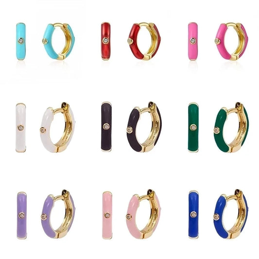 1 Pair Minimalist Round Copper Enamel Plating Inlay Zircon Gold Plated Hoop Earrings