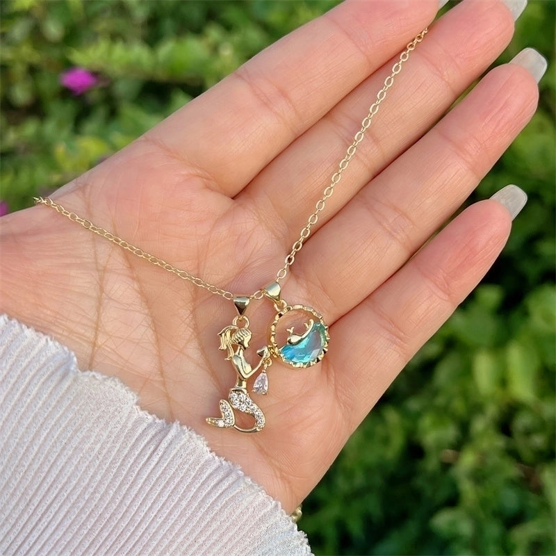 Retro Classic Style Hippocampus Mermaid Shell Copper Pearl Zircon 18K Gold Plated Inlay Pendant Necklace