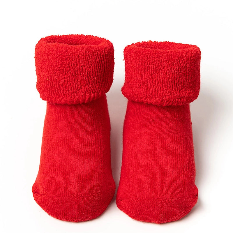 New Newborn Baby Socks Autumn And Winter A Cotton Red Terry Fleece-lined Thickened Non-slip Baby Christmas Floor Socks 1