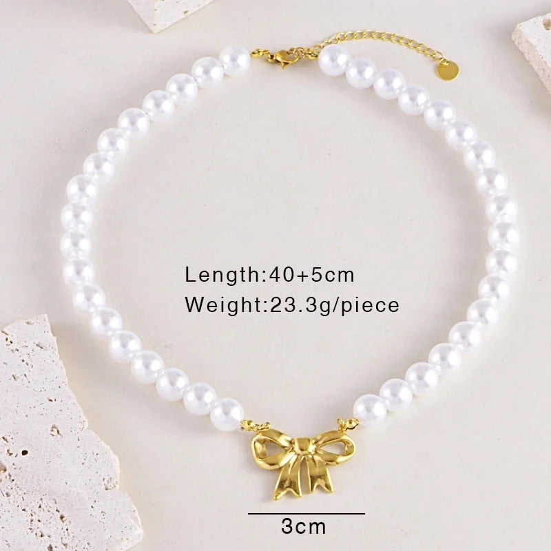 Sweet Minimalist Heart Shape Bow Knot Pearl Zircon Imitation Pearl Titanium Steel Necklace