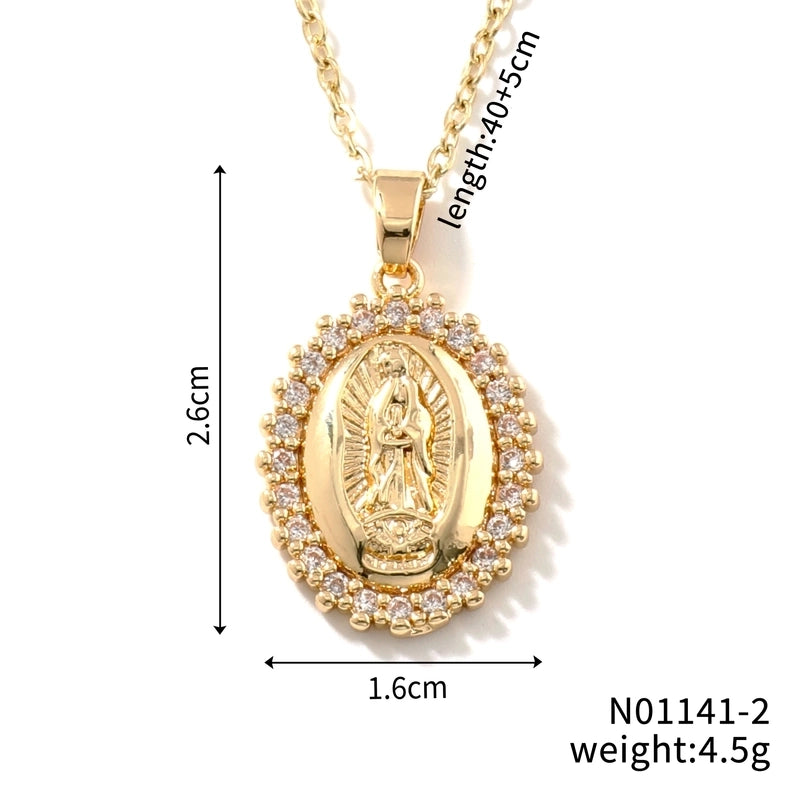 Vintage Style Classic Style Geometric Round Virgin Mary 304 Stainless Steel Copper Zircon K Gold Plated Inlay Pendant Necklace