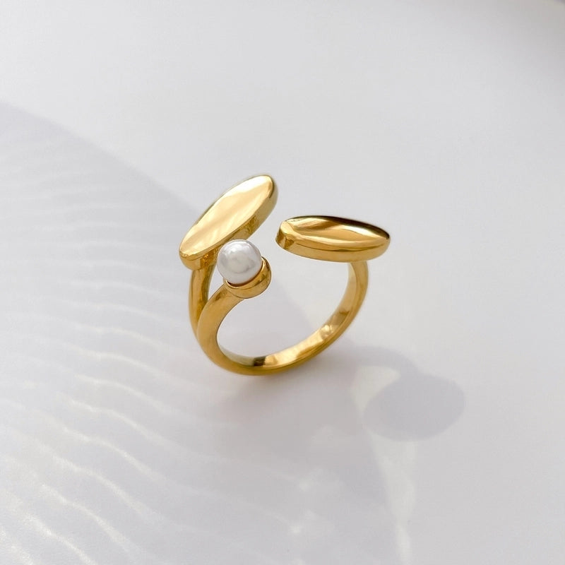 Retro French Style Geometric Titanium Steel Pearl Inlay Rings