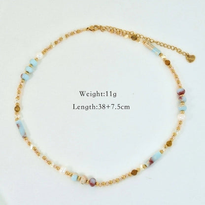 2 Pieces Hawaiian Bohemian Minimalist Geometric Freshwater Pearl Glass Titanium Steel Women\'S Necklace