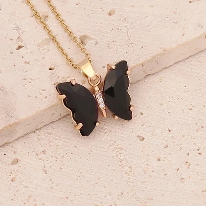 Stainless Steel 18K Gold Plated Fairy Style Inlay Butterfly Crystal Necklace