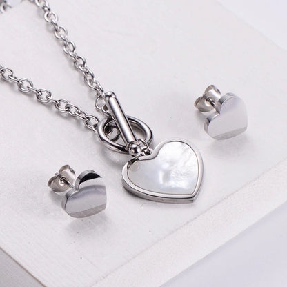 3 Pieces 304 Stainless Steel 18K Gold Plated Fashion Plating Heart Shell Earrings Necklace