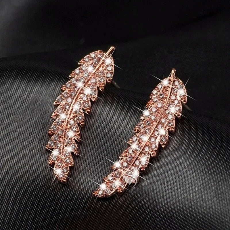 Fashion Inlaid Zircon Leaf Shaped Copper Earrings