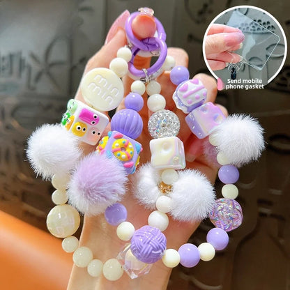 Creative Hand-painted Beads Plush Beaded Mobile Phone Chain Keychain Bag Hanging Headphone Bag Mobile Phone Case Accessories Beaded Chain
