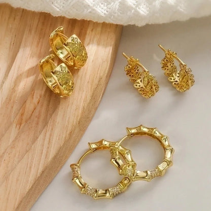 1 Pair Minimalist Geometric Leaves Plating Inlay Copper Zircon 18k Gold Plated Hoop Earrings