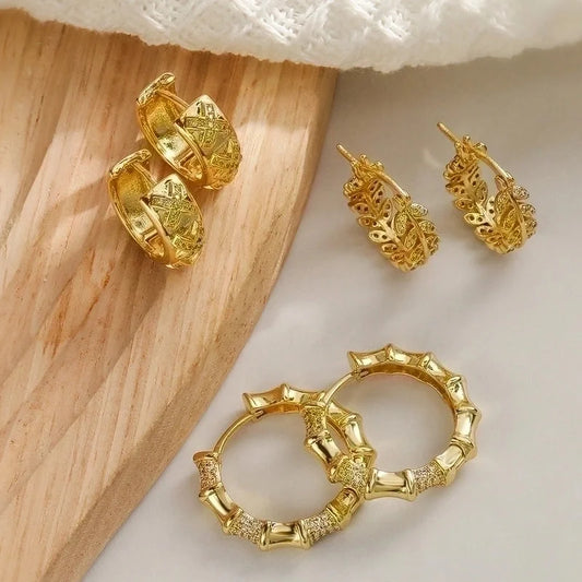 1 Pair Minimalist Geometric Leaves Plating Inlay Copper Zircon 18k Gold Plated Hoop Earrings