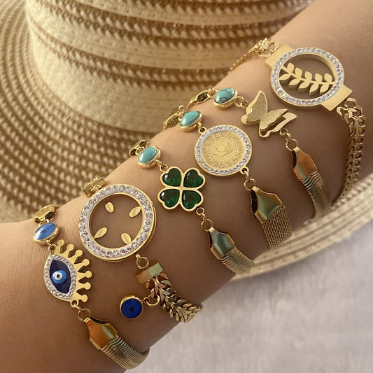 Women Retro Vintage Eye Flower Stainless Steel Electroplating Bracelets