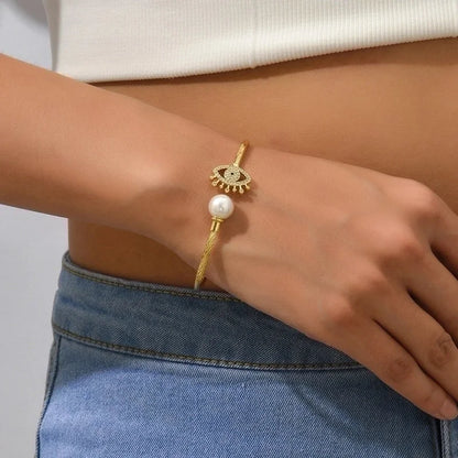 Minimalist Heart Shape Eye Copper Plating Artificial Pearls Zircon Bangle 1 Piece