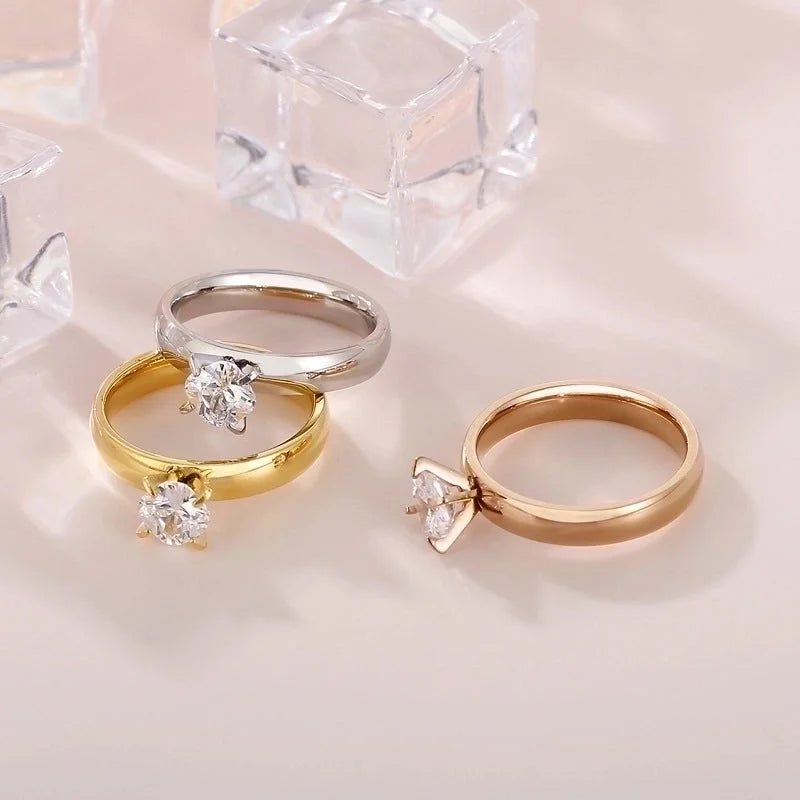 Minimalist Classic Style Solid Color Titanium Steel Rhinestones 18K Gold Plated Inlay Rings