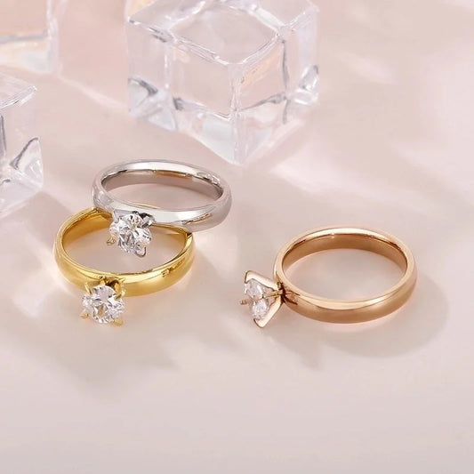 Minimalist Classic Style Solid Color Titanium Steel Rhinestones 18K Gold Plated Inlay Rings