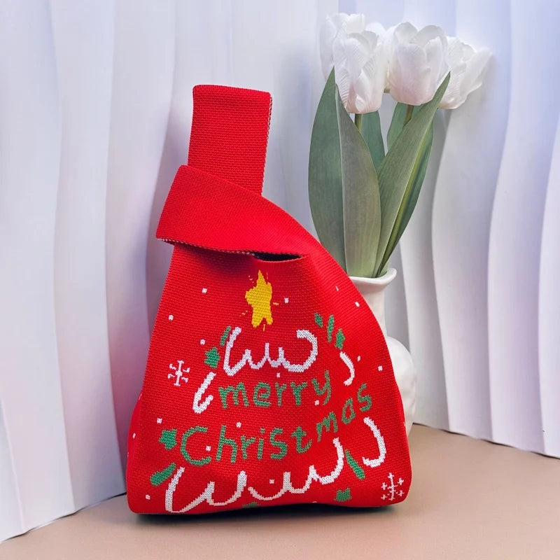 Christmas Apple Knitted Handbag Handbag Gift Bag Handheld Casual Tote Bag Lunch Box Bag Mobile Phone Bag