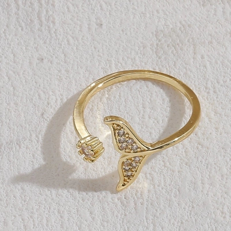 Elegant Snake Lightning Fish Tail Copper Plating Inlay Zircon 14k Gold Plated Open Ring