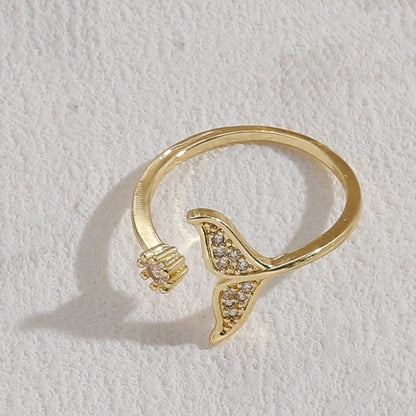 Elegant Snake Lightning Fish Tail Copper Plating Inlay Zircon 14k Gold Plated Open Ring