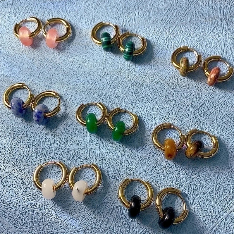 1 Pair Elegant Round Plating 302 Stainless Steel Natural Stone 18K Gold Plated Earrings