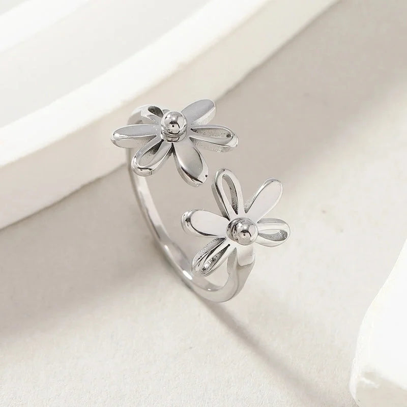 Minimalist Flower Stainless Steel Plating Open Rings
