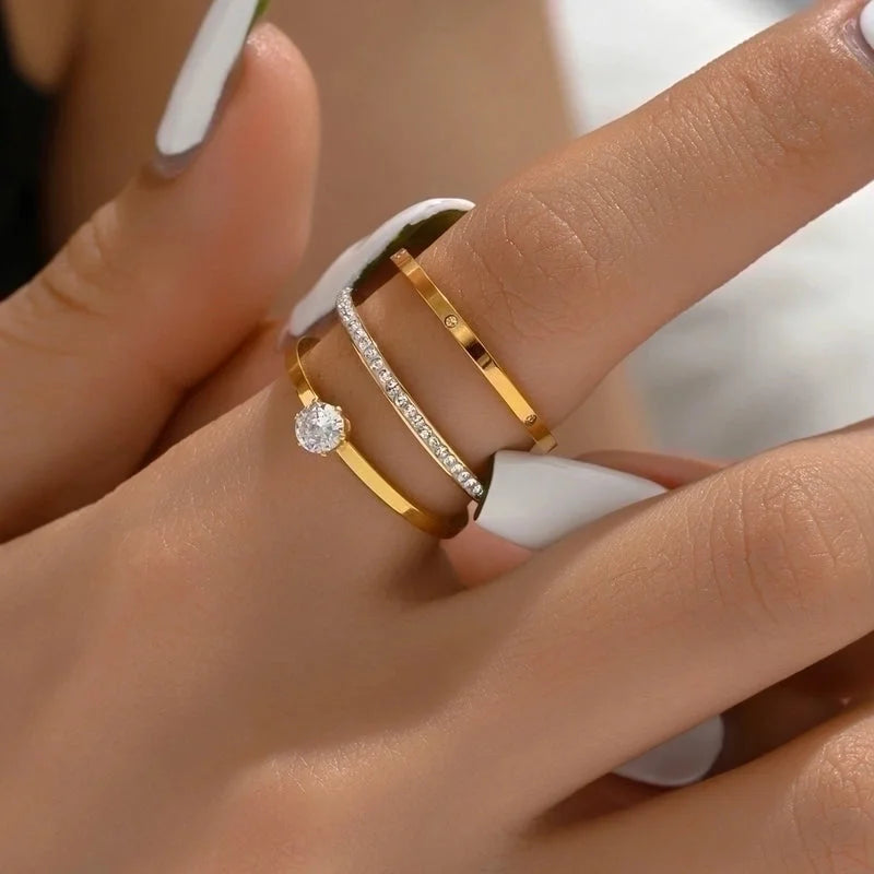 201 Stainless Steel 18K Gold Plated Casual Basic Vacation Plating Inlay Solid Color Zircon Rings