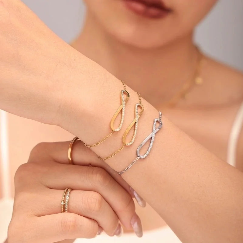 Elegant Luxurious Infinity 304 Stainless Steel Zircon 18K Gold Plated Plating Inlay Bracelets Necklace