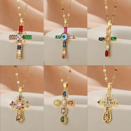 Copper Inlay Cross Rhinestones Pendant Necklace