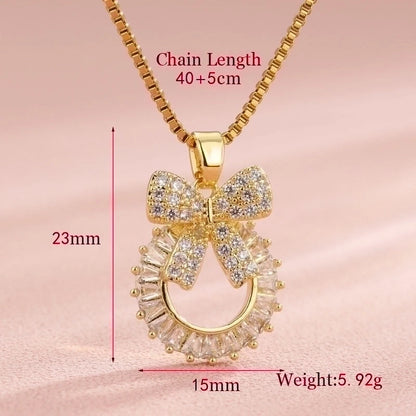 Vintage Style Heart Shape Flower Bow Knot Stainless Steel Copper Plating Inlay 18K Gold Plated Zircon Pendant Necklace