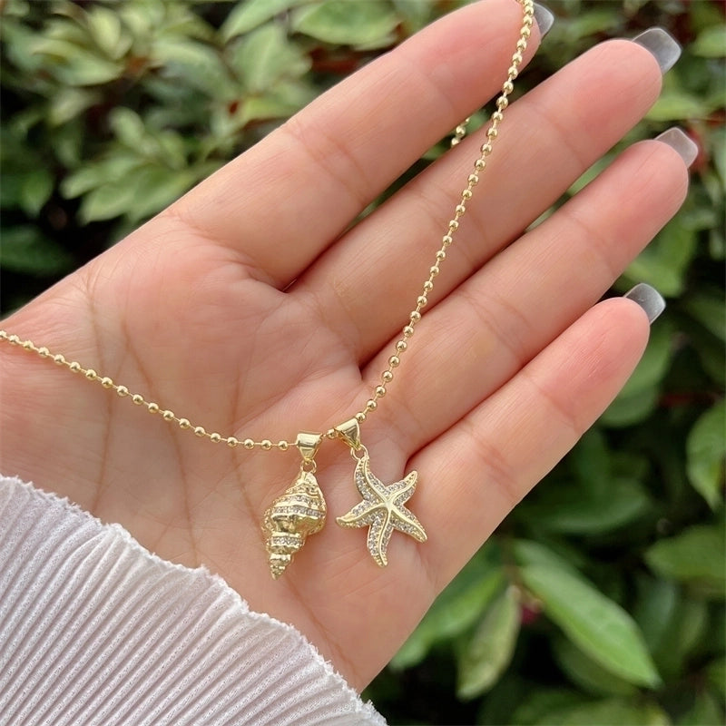 Copper Ball Chain 18K Gold Plated Inlay Scallop Conch Zircon Pendant Necklace