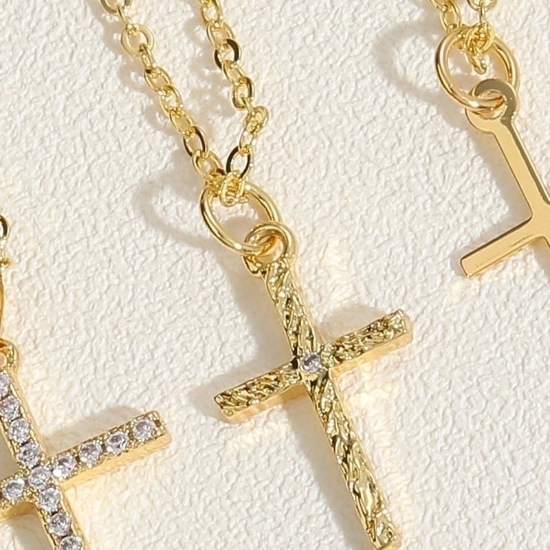 Vintage Style Minimalist Cross Copper 14k Gold Plated Zircon Pendant Necklace In Bulk