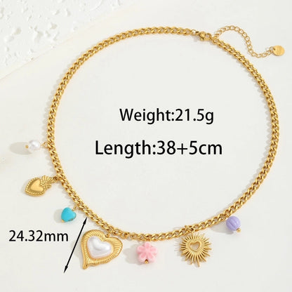 Elegant Vacation Heart Shape 304 Stainless Steel Imitation Pearl 18K Gold Plated Inlay Multi Charms Necklace